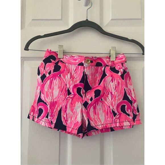 Girls LILLY PULITZER Pink Navy Blue Flamingo Summer Shorts Size 14 - Picture 2 of 8